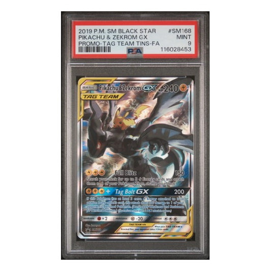 Pokemon - Pikachu & Zekrom GX SM168 Sun & Moon Black Star Promo - Tag Team Tins - PSA 9
