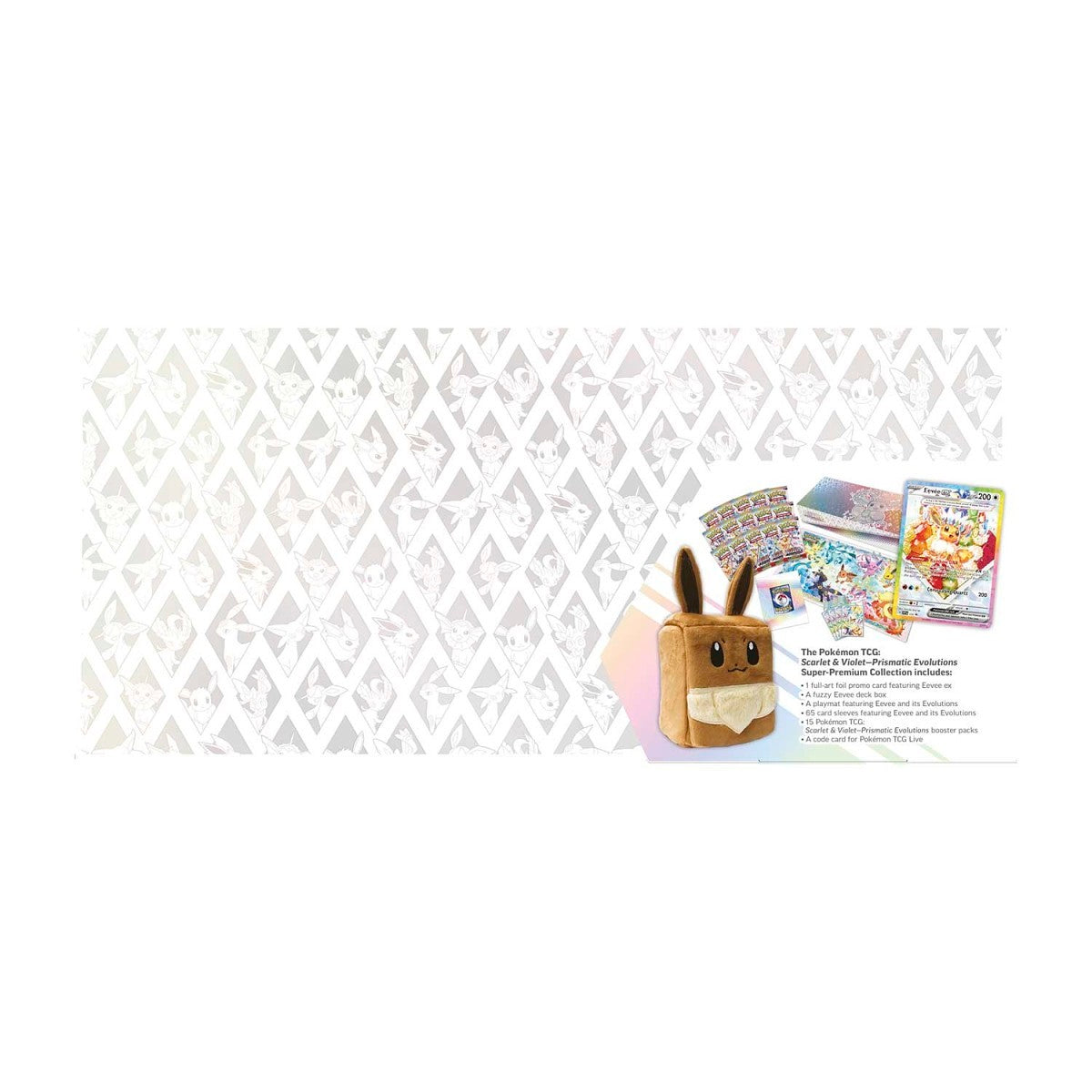 Pokemon - Prismatic Evolutions Super-Premium Collection, Eevee, Fruit Eevee, Booster Pack, Playmat, fuzzy Eevee deck box